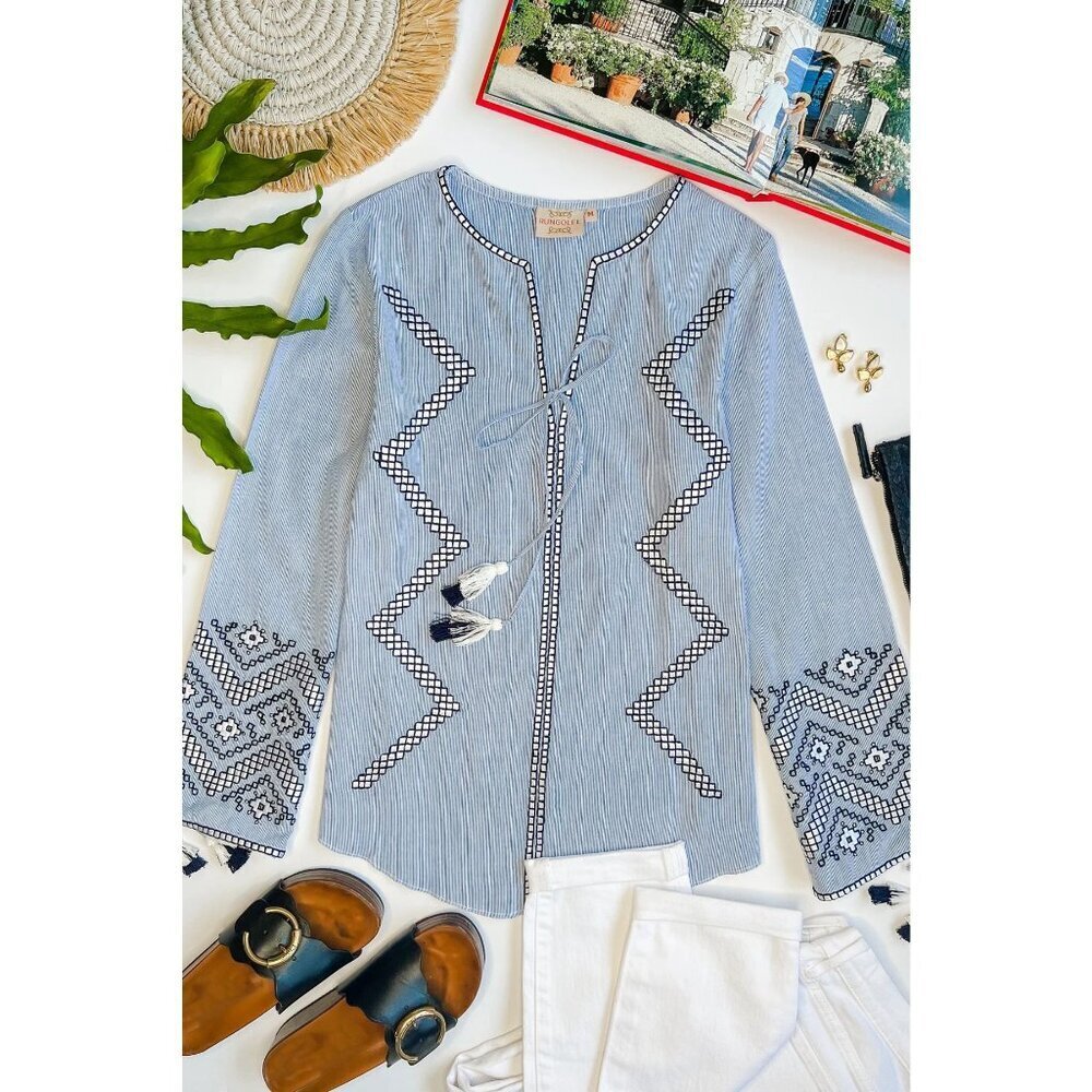 Rungolee Blue White Belize Cotton Blouse Size XL 2767